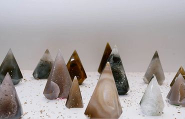 Gorgeous Diamond Agate crystal druzy pyramids of different heights and colors with clear quartz cry