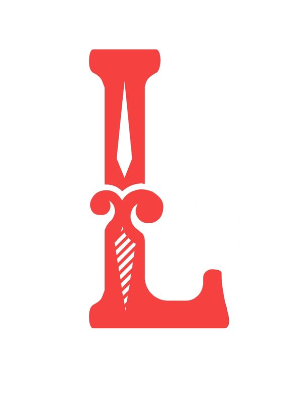 Red decorative letter L with tie-like designs inside.