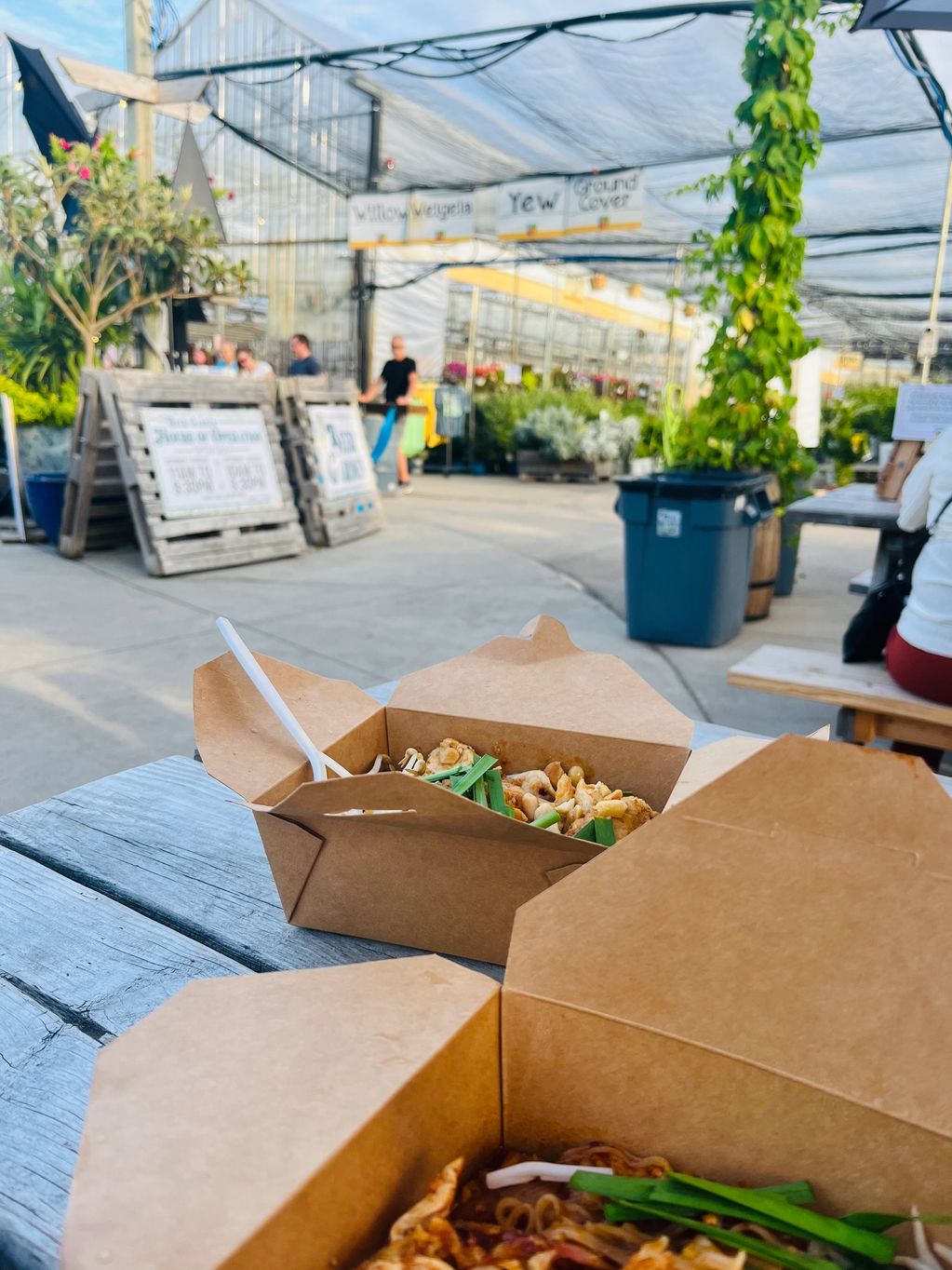 Eating dinner and enjoying the view of beautiful landscape plants