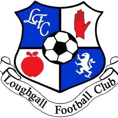 Loughgall Football Club crest with symbols and soccer ball.