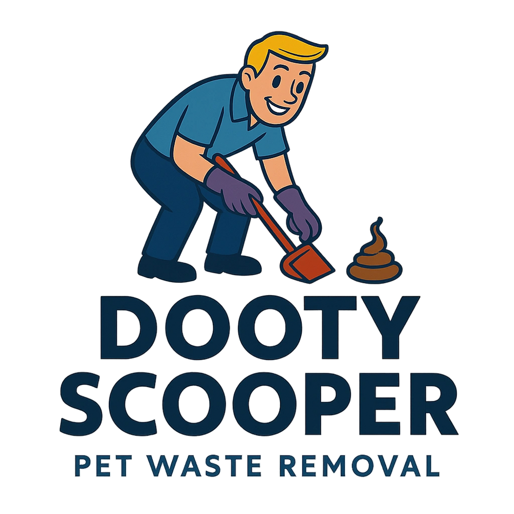 Cartoon man scooping pet waste with text 'Dooty Scooper Pet Waste Removal'.