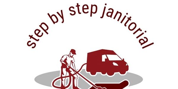 Logo of Step by Step Janitorial with a cleaner and van graphic.