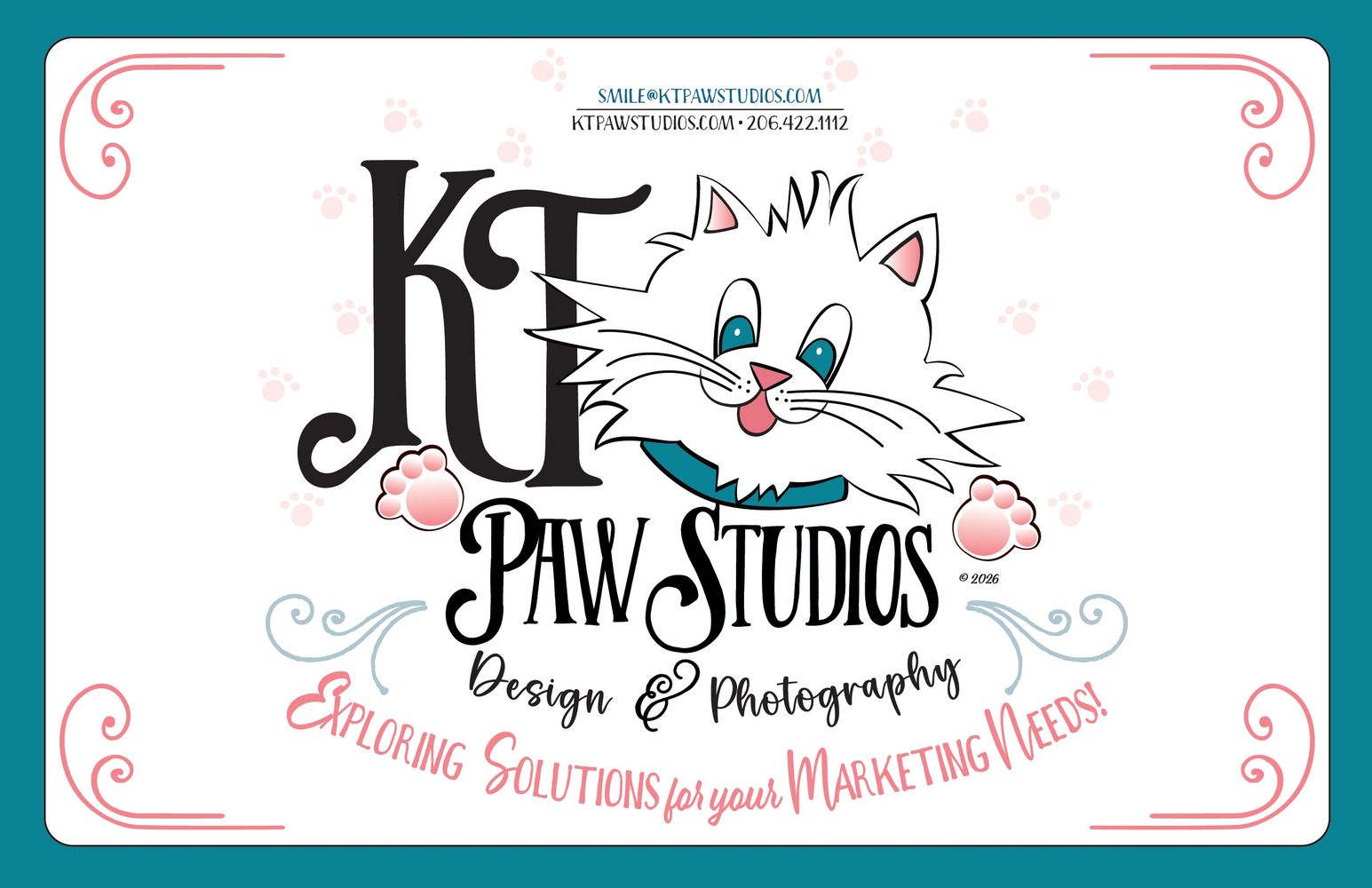 Logo for KT Paw Studios featuring a white cat illustration and creative marketing tagline.
