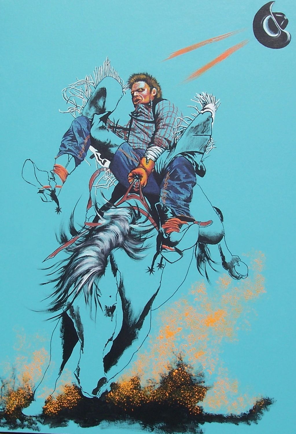 A cowboy riding a bucking horse under a blue sky with a flying hat.