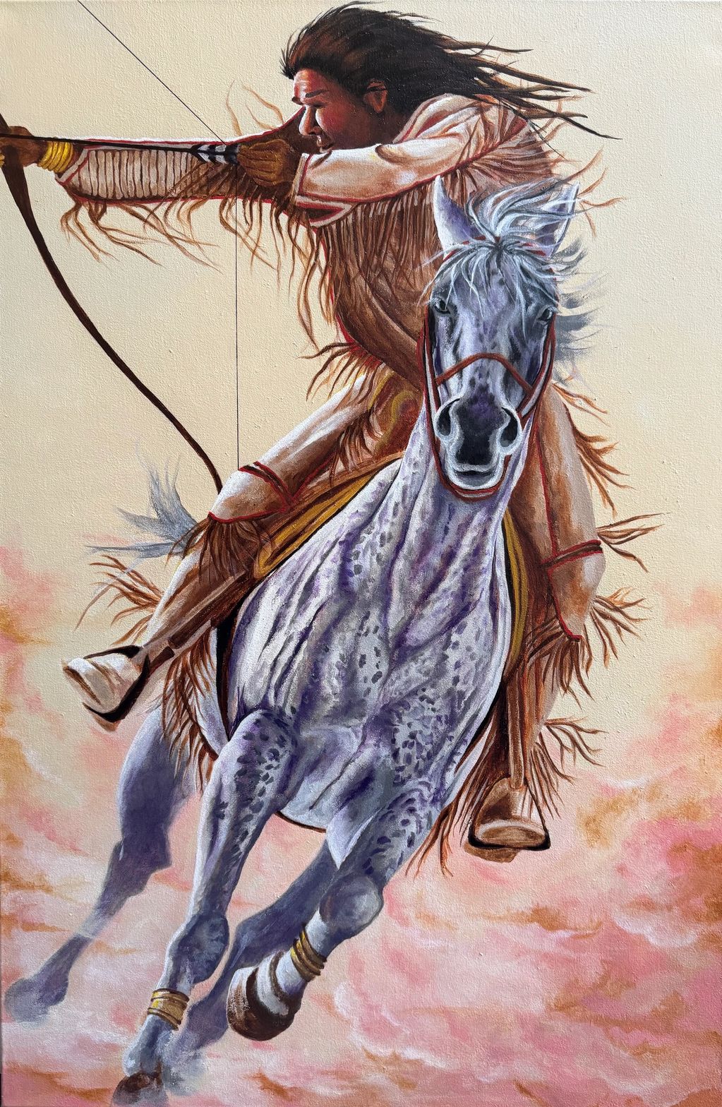 A Native American warrior on horseback aiming a bow and arrow.