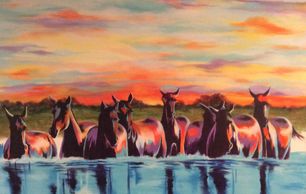 My work consists of acrylic paintings executed with intense color and  metallic brilliance.