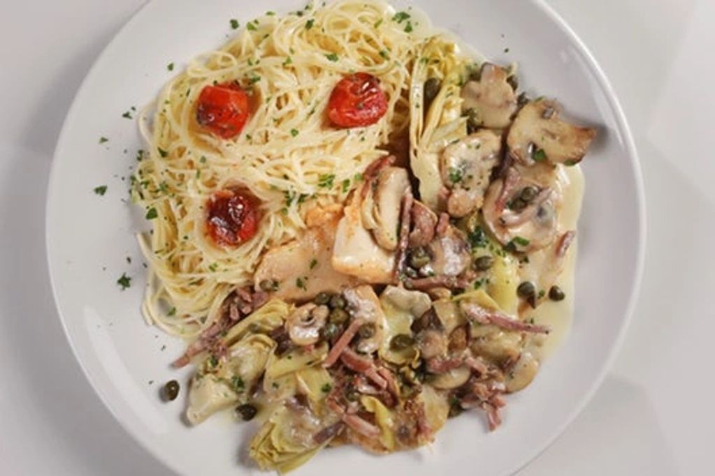 Chicken Scaloppine with Mushrooms, Artichokes, Pancetta, capers with Lemon Beurre Blanc
