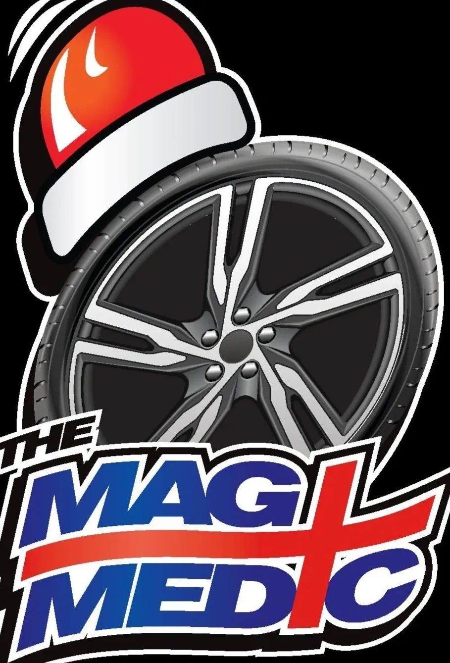A car wheel with a Santa hat and 'The Mag Medic' text logo.