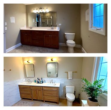 master bath remodel before and after with custom vanity and mirrors