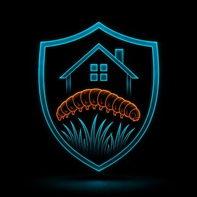 Neon shield with house, caterpillar, and grass symbol.