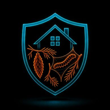 Neon shield with house, pine cone, and caterpillar.