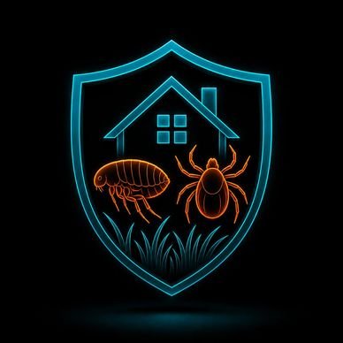 Neon shield with house and pests icons.