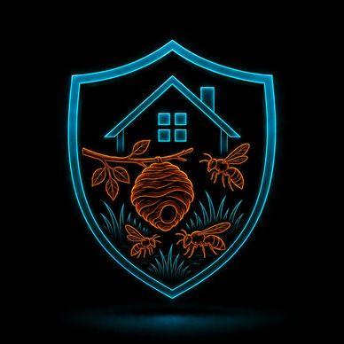 Neon shield with house and bees icon.