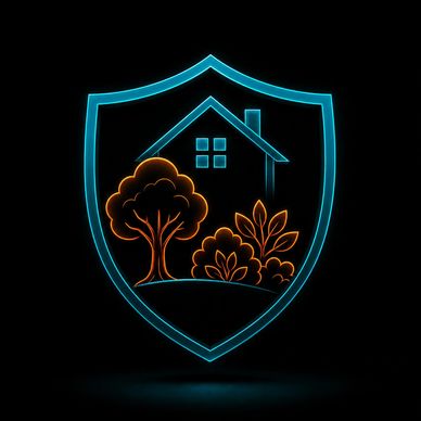 Neon house and garden inside a shield.