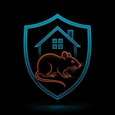 Neon icon of a rat inside a house shield.