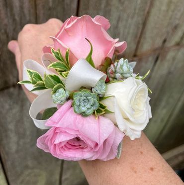 Pink and white wrist corsage/wedding wristlet. Lynden, Bellingham, Ferndale, Everson Washington.