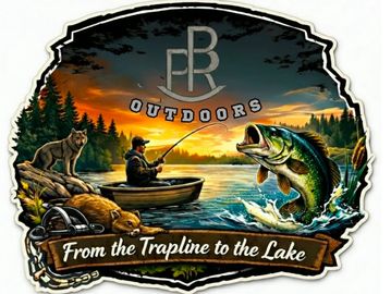 Logo featuring a fisherman, wildlife, and a large fish at sunset.
