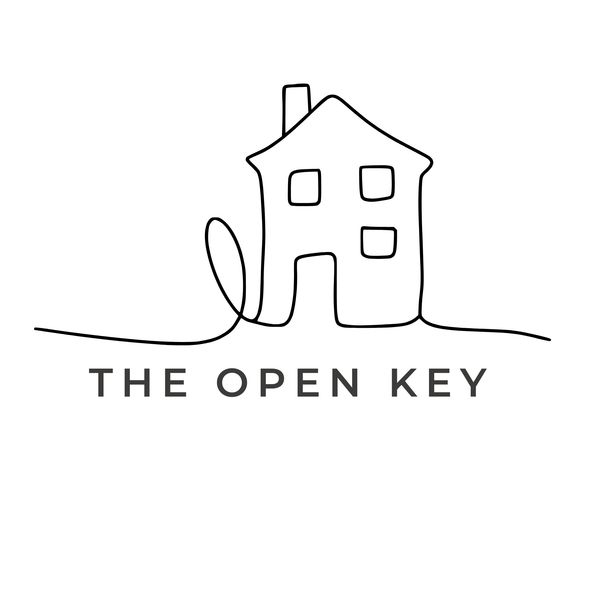 Minimalist one-line drawing of a house with the text 'THE OPEN KEY'.
