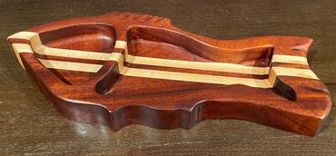 Beautiful Mahogany fish themed nut and candy dish with maple accent stripe. Available by request onl