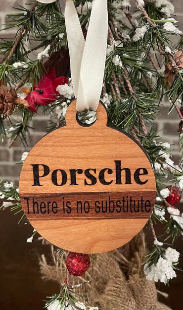 Beautiful 1/4" thick x 3" round cherry wood Porsche ornament