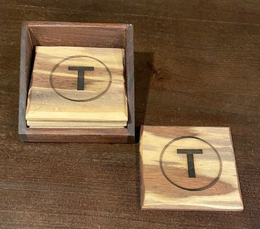 Set of 4 4" Walnut personalized coasters in cradle