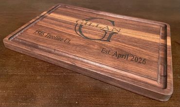 Closing Time Walnut 18 x 12 x 1 Cutting/Serving Board with split letter name design