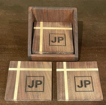 Personalized 4" walnut and maple coasters with cradle