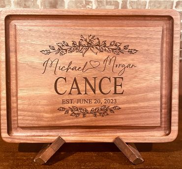 Closing Time Jr Solid Walnut Cutting/Serving Board with 14" x 12" x 1 " with floral design