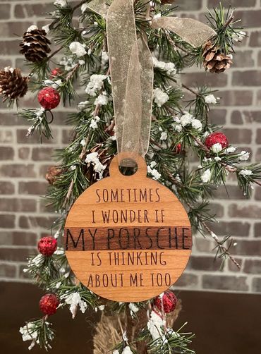 Beautiful 1/4" thick x 3" round cherry wood Porsche ornament