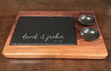 Still The One Walnut and Slate charcuterie Board with Crate and Barrel dipping bowls