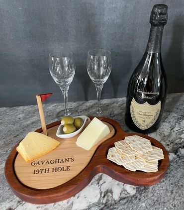 19th Hole Mahogany Golf Themed charcuterie board with Maple insert