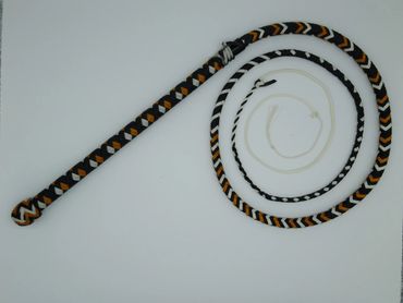 Hybrid stock whip in a viper pattern with a full braided handle. In White, Black and Gold
