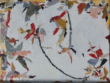 Textured abstract mosaic. How many birds in the picture.