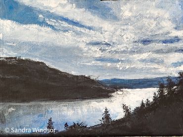 Painting of Kal lake in the Okanagan, early spring. Dramatic contrast of the light sun and shadow.