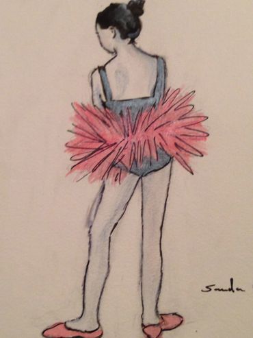 This is a candid life drawing a of ballet dancer in rehearsal wearing a practise pink tutu.