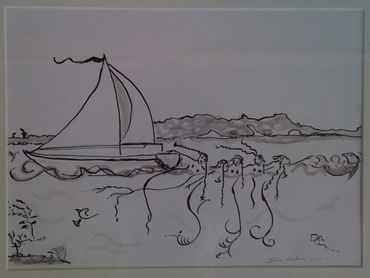 Whimsical indain ink drawing of mermaids pulling a boat. Drawing was used on a art book cover. Repr