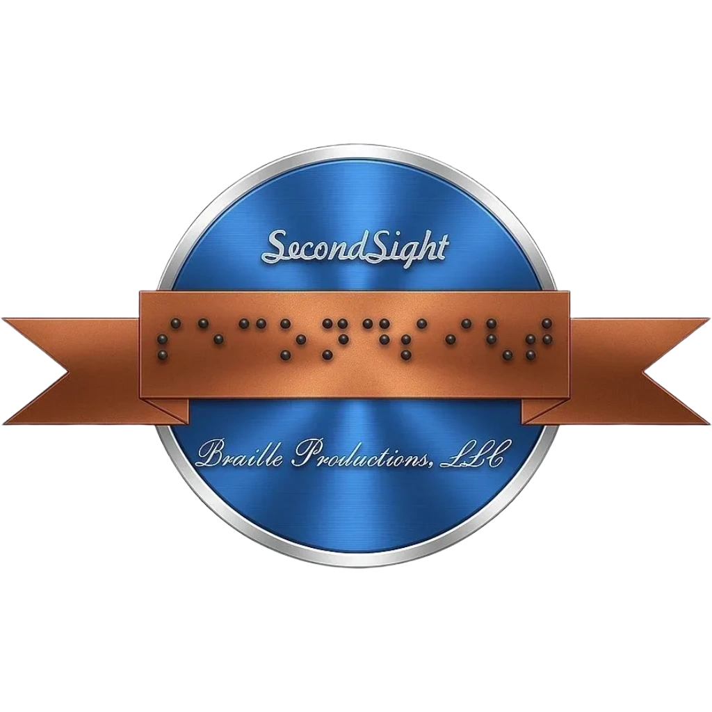 Logo of SecondSight Braille Productions, LLC with a blue circle and brown ribbon.