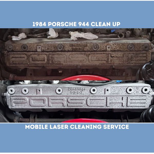 Before and after laser cleaning of a 1984 Porsche 944 engine cover.