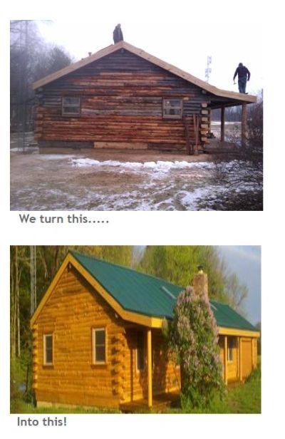 Before and after images of a renovated log cabin showing transformation.
