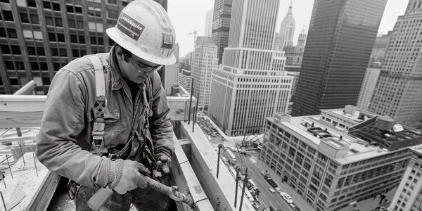 Construction worker hammering nails on a high-rise building in a city.