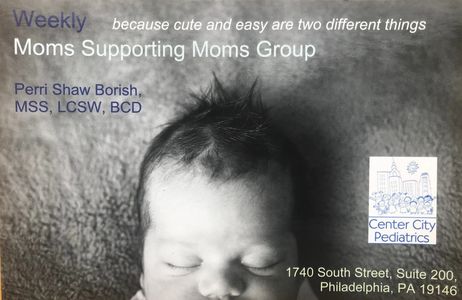 Newborn baby with messy hair featured in a Moms Supporting Moms Group flyer.