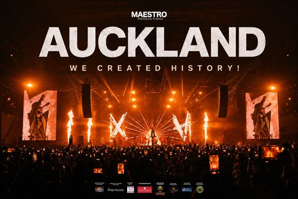 Concert stage with crowd in Auckland.