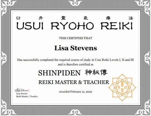 I received my certification through Usui Ryoho Master, Lisa Powers.