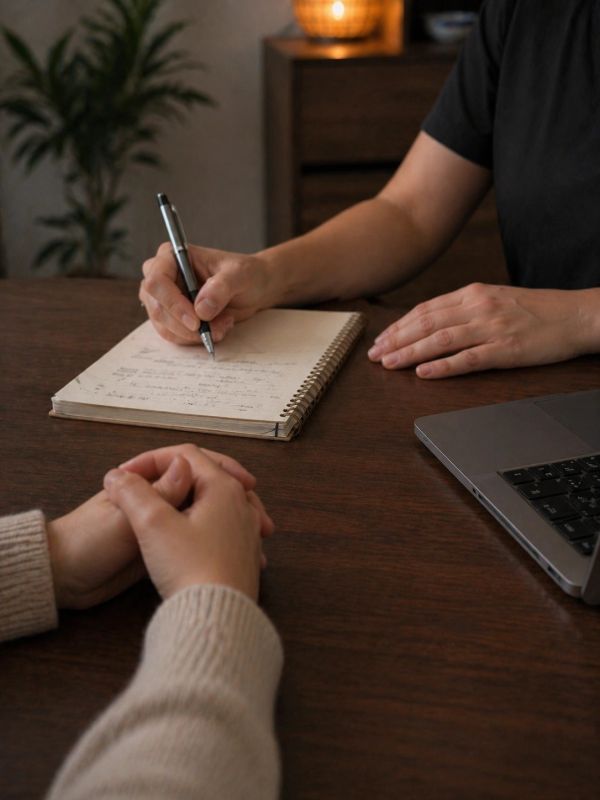 Two people at a table, one writing notes in a notebook.