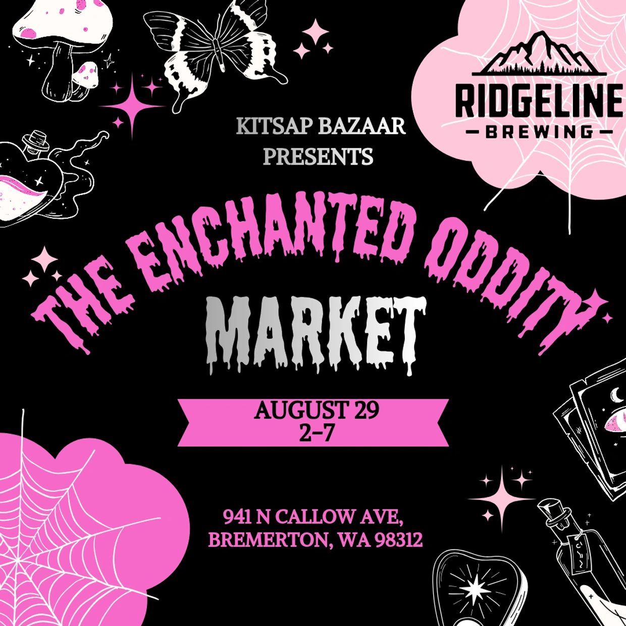 Event poster for The Enchanted Oddity Market on August 29 in Bremerton, WA.