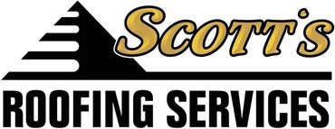Logo for Scott's Roofing Services with stylized text and roof graphic.