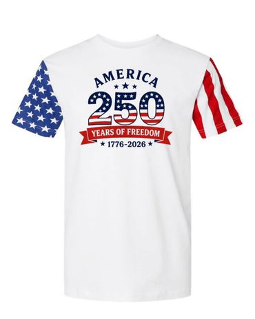 White T-shirt celebrating 250 years of American freedom with flag-themed sleeves.