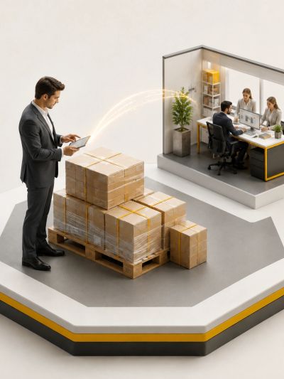 Businessman managing inventory with tablet beside packaged goods.