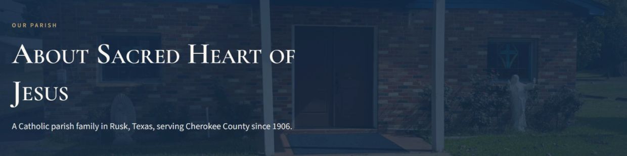 Sign describing the parish of Sacred Heart of Jesus in Rusk, Texas.