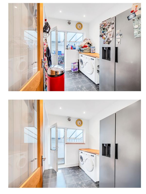 A split-screen real estate photo showing the cleanup power of virtual de-cluttering services, transf